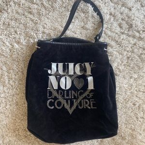 Juicy Couture Tote - Black Velour,  Silver and Rhinestone Text, Leather Straps